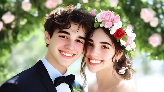 Happy couple in love floral crown roses outdoor celebration photo