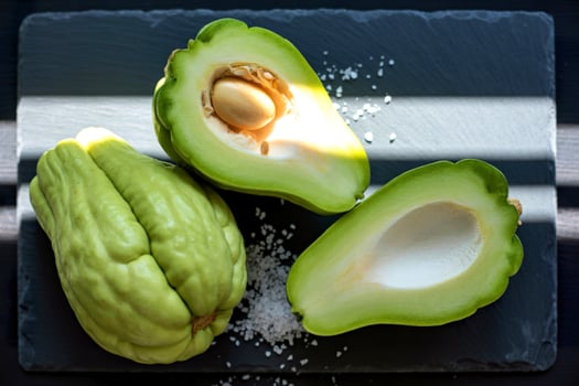 Fresh chayote squash halved with coarse salt on a dark slate surface photo