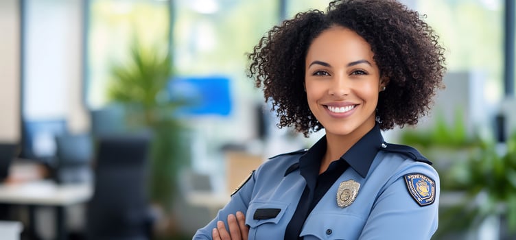Confident security professional woman in uniform smiling portrait photo