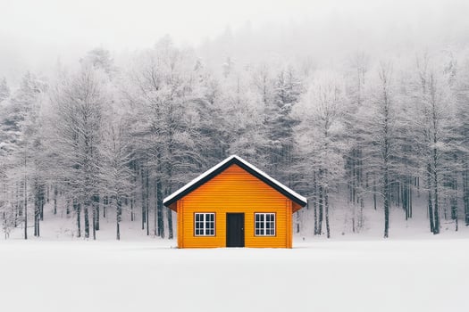 Snowy Landscape Showcasing an Orange Cabin Surrounded by Frosted Trees in a Winter Setting photo
