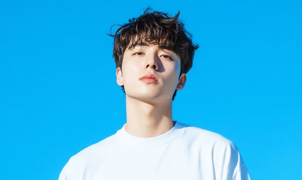 Portrait of young adult man on blue background in white t shirt headshot photo