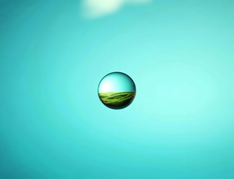 Green rolling hills landscape reflected inside a floating glass sphere photo