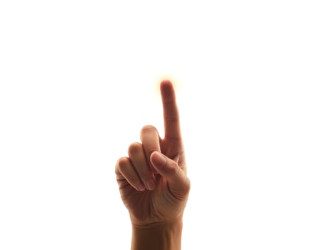 Human finger points upward with glowing aura on white background photo