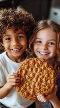 Kids Share a Giant Cookie While Smiling in a Cozy Kitchen During a Fun Baking Afternoon photo