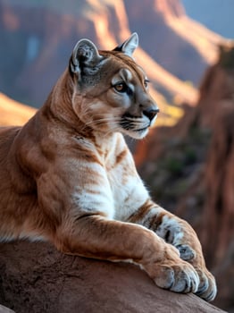 Majestic cougar resting on a rock at sunrise photo