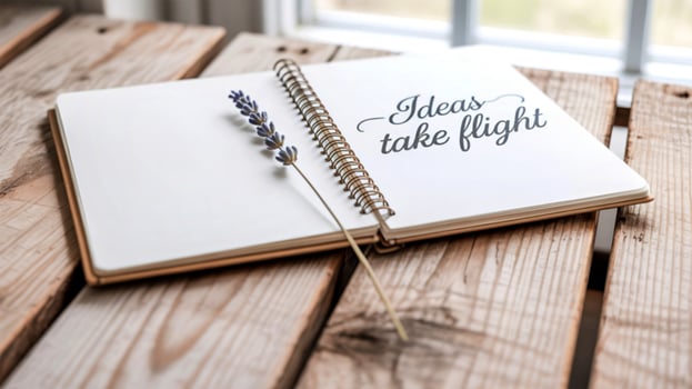Notebook with lavender and inspirational quote on wooden surface photo
