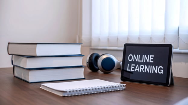 Online learning concept with tablet and books on desk photo