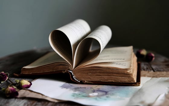 Open book with pages folded into a heart shape and dried roses photo