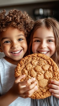 Kids Share a Giant Cookie While Smiling in a Cozy Kitchen During a Fun Baking Afternoon. photo
