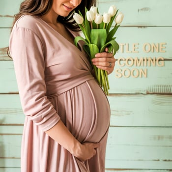 Pregnant woman in pink dress holding white tulips with little one coming soon sign photo