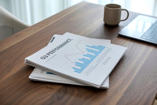 Q3 business performance report on wooden desk photo