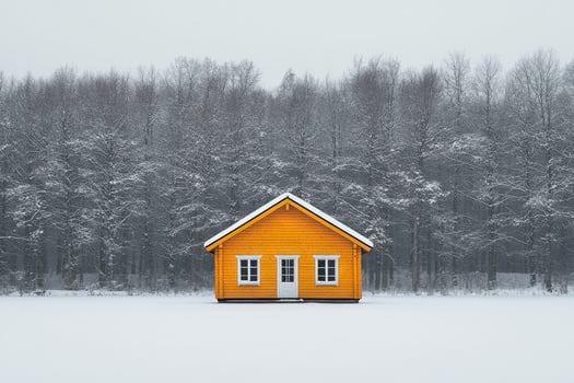 Snowy Landscape Showcasing an Orange Cabin Surrounded by Frosted Trees in a Winter Setting. photo