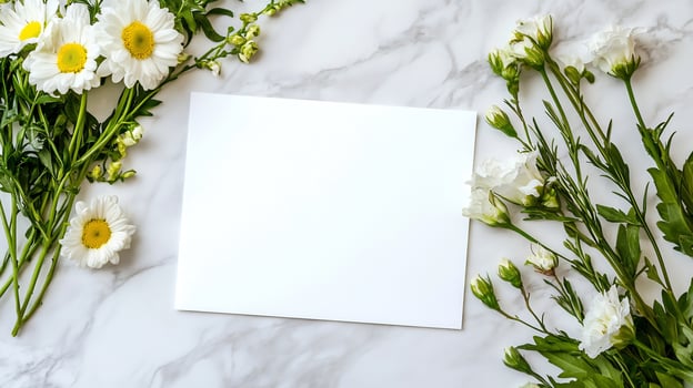 Blank card with white flowers on marble background overhead for message or invitation photo