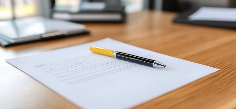 Business contract document with pen on wooden desk for signing approval photo