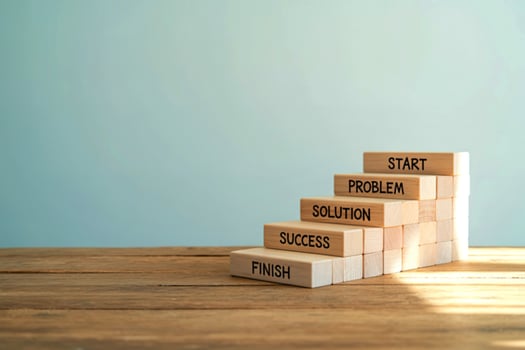 Wooden blocks illustrating the journey from problem to success and finish photo