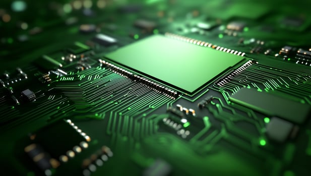 Close up green circuit board microchip technology central processing unit engineering photo