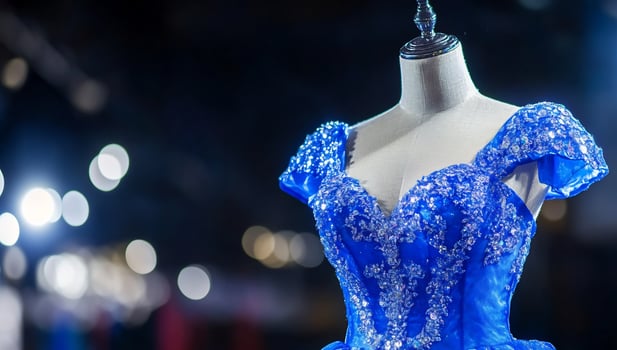 Elegant blue dress on mannequin with bokeh background fashion and style apparel photo