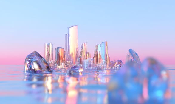 Abstract crystalline cityscape with reflections on a gradient background photo