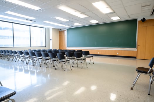 Empty classroom with chairs and board for education or presentation photo