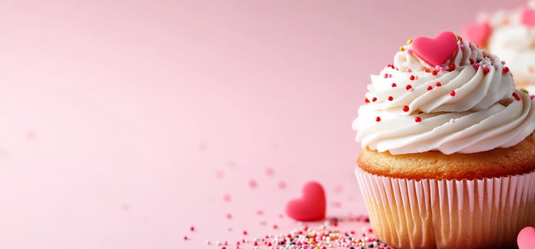 Festive cupcake with pink heart and sprinkles on pink background celebration photo