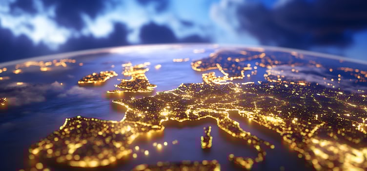 Europe night view on globe with city lights aerial illustration photo