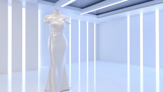 Elegant white dress on mannequin in modern studio setting photo