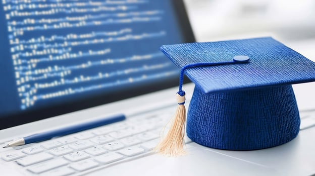 Graduation cap on laptop displaying code education technology achievement photo