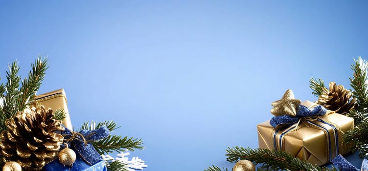 Christmas gifts and pine cones holiday background photo