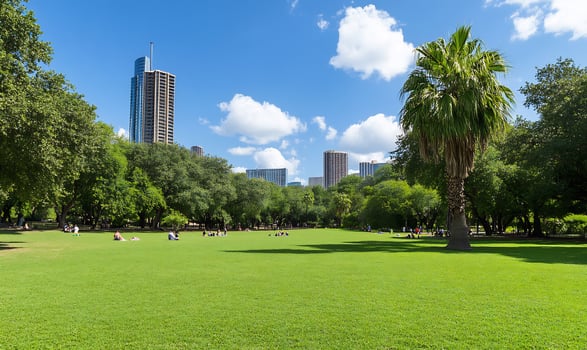 City park green lawn and blue sky with tower building photo