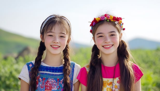 Two young girls smiling portrait with flower crown and braids friendship beauty concept photo