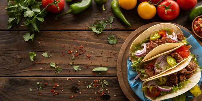 Delicious beef tacos topped with fresh vegetables, served on a wooden table with colorful ingredients around. photo