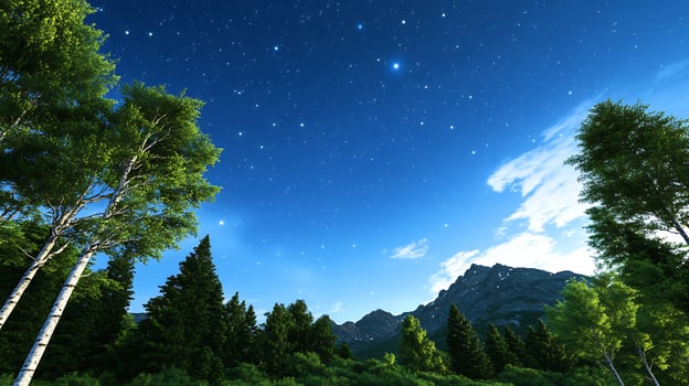 Starlit sky over mountain landscape with trees photo
