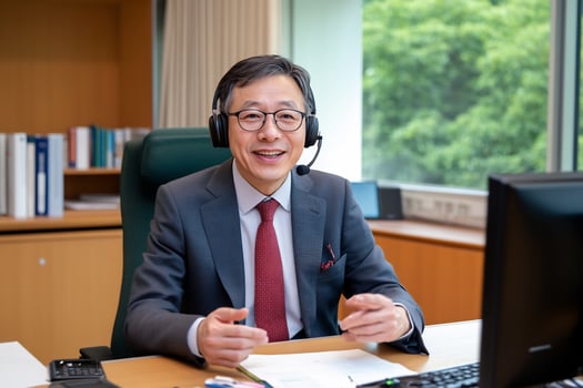 Professional man at desk wearing headset for online communication in office environment photo