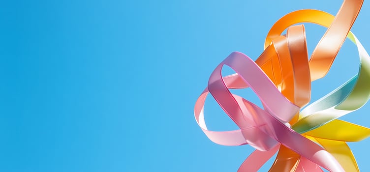 Colorful ribbons twirling against blue sky abstract background for celebration and festive designs photo