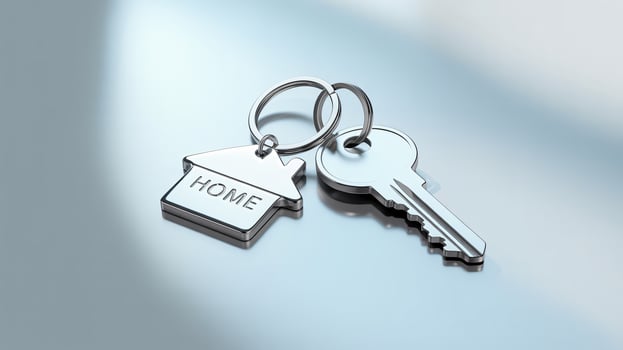 Silver keychain featuring a house-shaped key fob labeled 'HOME' and a key, symbolizing ownership. photo