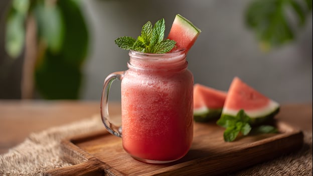 watermelon smoothie in a glass jar with mint leaves photo
