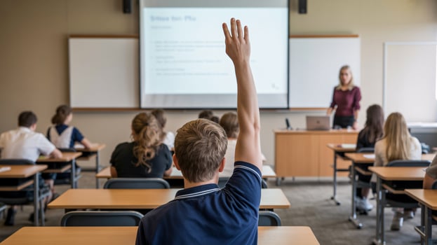 A male student in a classroom raises his hand to ask a question during a lesson. photo