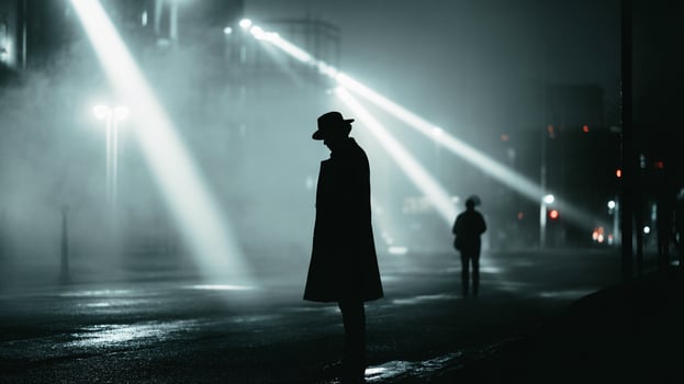 Silhouetted figures in hats stand in a foggy urban setting illuminated by dramatic beams of light. photo