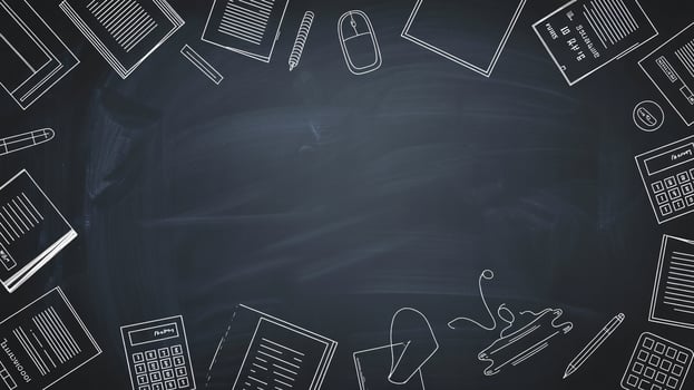 Desk background with office supplies drawn in chalk style, creating a creative workspace atmosphere. photo