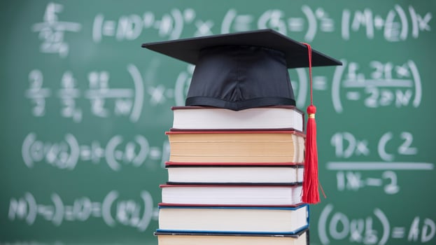 A graduation cap rests atop a stack of books in front of a chalkboard filled with mathematical equations. photo