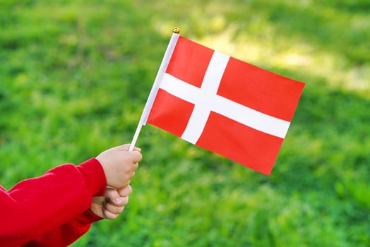 Little girl hands hold Denmark flag on green backgruond photo