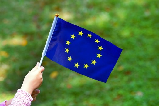 Hahns of little girl hold European Union flag on green grass background. photo