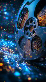 Vintage Film Reel Illuminated by Shimmering Lights in a Dark Setting photo