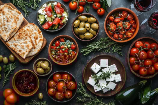 Fresh Mediterranean Salad Spread With Vegetables and Olives Served on a Rustic Table. photo
