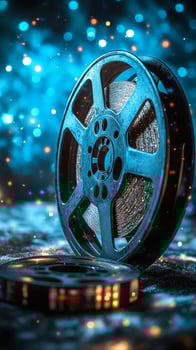 Vintage Film Reel Illuminated by Shimmering Lights in a Dark Setting. photo