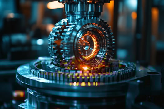 Machinery in a Workshop Showcasing a Detailed Gear Mechanism Glowing Under Ambient Light photo