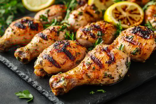 Grilled Chicken Drumsticks Garnished With Herbs and Lemon Slices on a Black Stone Platter photo