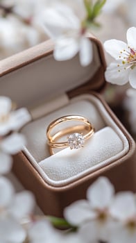 Elegant Wedding Rings Nestled in Blooming Cherry Blossoms on a Soft Fabric Background. photo