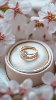 Elegant Wedding Rings Nestled in Blooming Cherry Blossoms on a Soft Fabric Background photo
