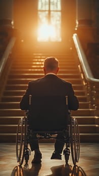 Man in a Wheelchair Contemplating at the Base of a Grand Staircase in a Dimly Lit Room. photo